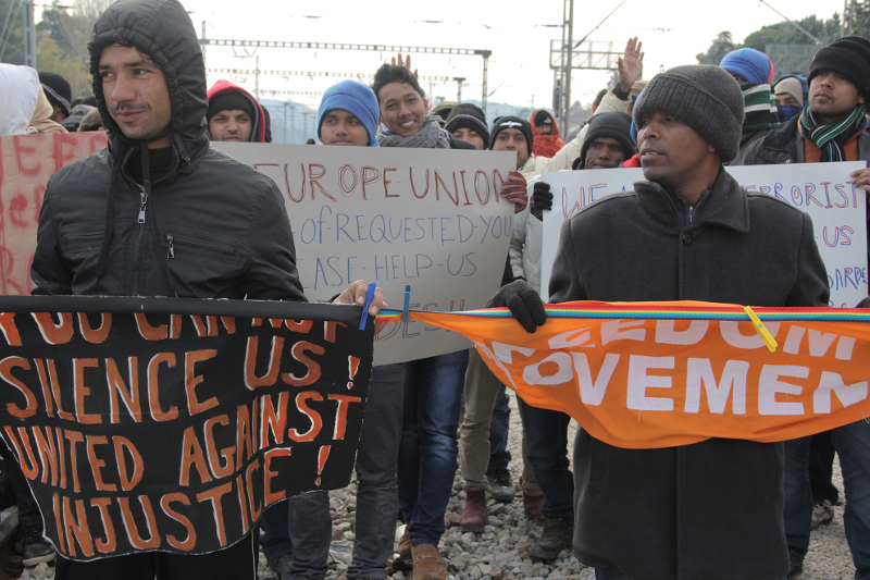 01.12.2015, Idomeni, Gemeinsame Proteste der Geflüchteten, die nicht weiterreisen können © Moving Europe